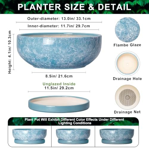 Succulent Planter, 13 Inch Ceramic Bonsai Pots, Droplet Blue - Image 2