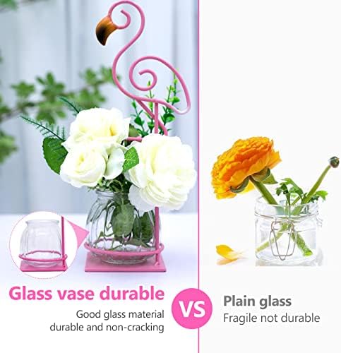 Tabletop Pink Flamingo Planter Propagation Station, Glass Vase Metal Stand - Image 4