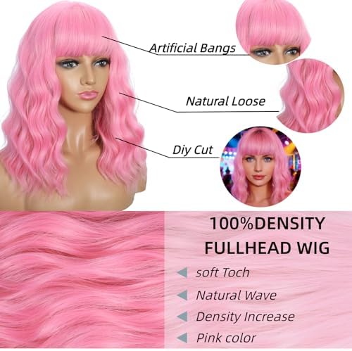 Sebast Pastel Bob Wigs with Bangs for Women Loose Wavy Wig Pastel Wavy Shoulder Length Bob Synthetic Cosplay Wig for Girl Colorful Costume Wigs (Pink) - Image 3