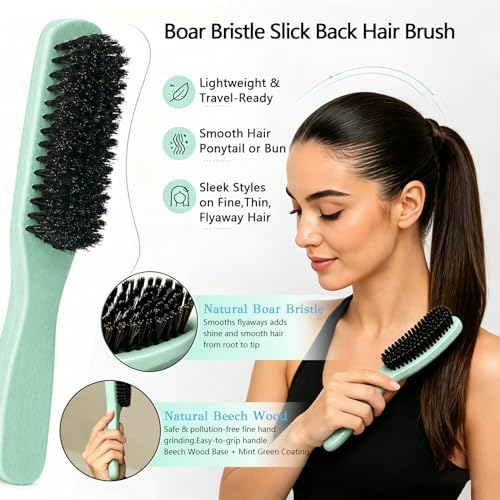 4Pcs Beech Wood Boar Bristle Slick Back Hair Brush Set with Gift Bag, Edge Brush, Teasing Brush & Rat Tail Comb, Smooth Frizz Flyaways Ponytails Buns & Baby Hair Edges Styling Tools for Women Men Kids - Image 3