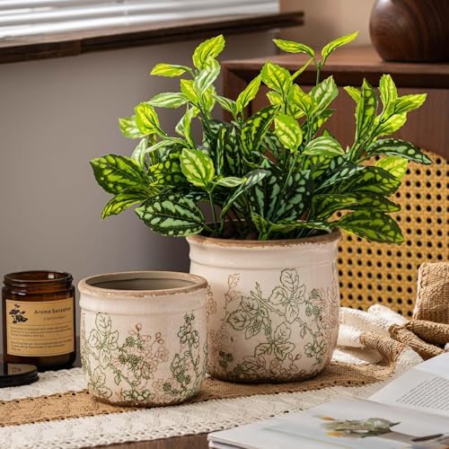 Ceramic Plant Pots Set of 2, 4.7 & 5.7 Inch Vintage Indoor Planters with Drainage Hole, Farmhouse Ceramic Flower Pots for Indoor Plants, Rustic Cottage Decor for Home Kitchen Garden, Green - Image 2