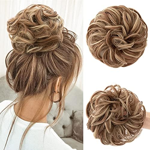 CJL HAIR Large Messy Bun Hair Piece Wavy Curly Scrunchies Synthetic Chignon Ponytail Hair Extensions Thick Updo Hairpieces for Women Medium Auburn/Ash Blonde by CJLHAIR