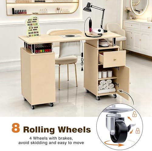 Manicure Table Nail Desk with Dust Collector & Wheels (Champagne) - Image 6