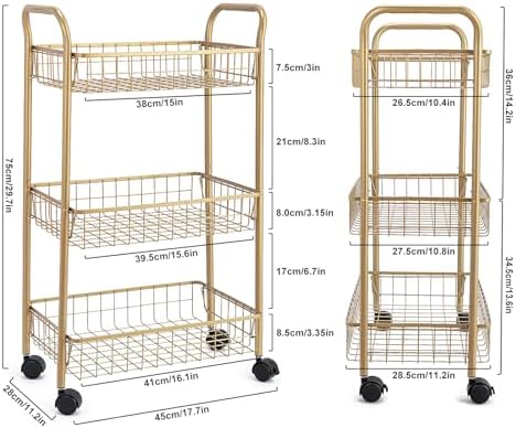3 Tier Mesh Rolling Utility Cart, Gold Metal Organization Cart with Lockable Wheels, Multifunctional Storage Trolley Service Cart for Kitchen Living Room Office Salon - Image 6