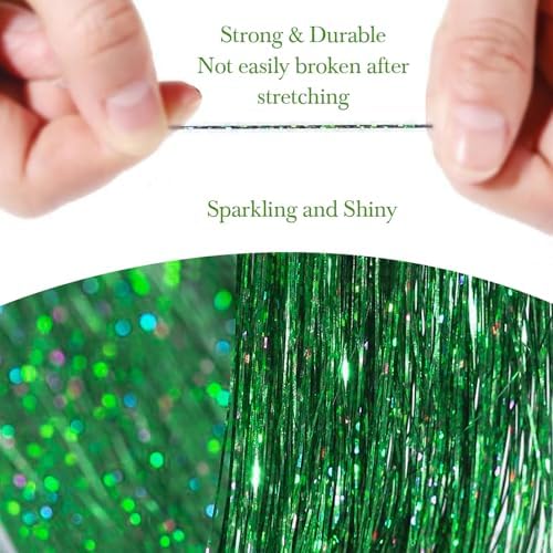 Hair Tinsel 8 Packs 1600 Strands 50 Inch Tinsel Hair Extensions Grass Green Heat Resistant Glitter Sparkling Shinny Fairy Hair Accessories for Women(Grass Green, 50Inch) - Image 3