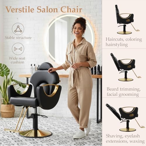 Black Salon Chair for Hair Stylist, Professional Barber Chairs Barbershop Hair Stylist Chair with Heavy Duty Hydraulic Pump, 360° Braiding Styling Hairdresser Chairs for Spa Home Euipment, Cold Black - Image 5