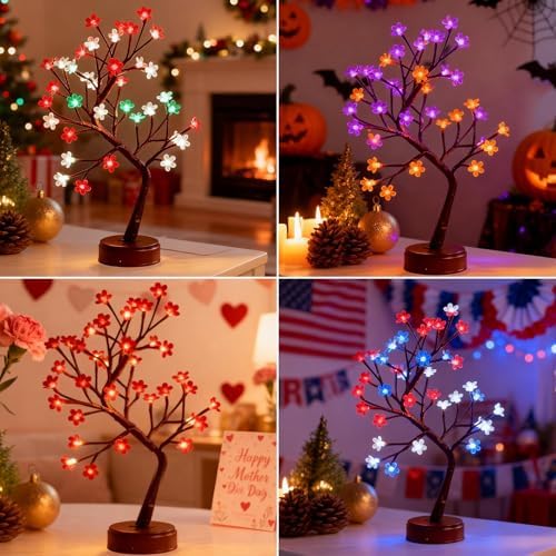 Pooqla RGB Cherry Blossom Tree Light with Remote 28 Colors LED Artificial Flower Bonsai Tree, RGB Table Top Lamp Home Lit Tree Valentine's Day Decoration 36 LED, Brown Branch - Image 3