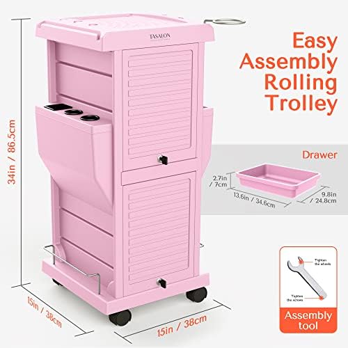 TASALON Lockable 6-Tray Salon Rolling Cart with 2 Holders, Pink - Image 5