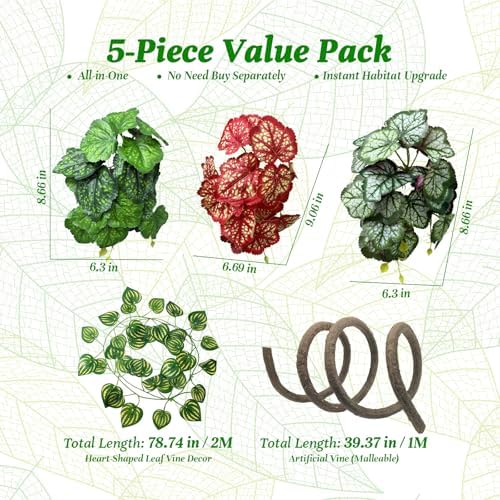 5 Pc Reptile Plants & Habitat Decor Kit - 3 Artificial Plants & Large 3.3ft Jungle Vine Branch, Amphibian Habitat Hideout Decor Accessories for Crested Gecko, Bearded Dragon, Lizard, Snake,Hermit Crab - Image 4