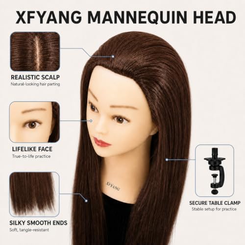 26-28 Inch Synthetic Fiber Mannequin Head for Braiding Styling Cutting Cosmetology Practice Doll with Clamp Stand for Makeup Training (Brown) - Image 3