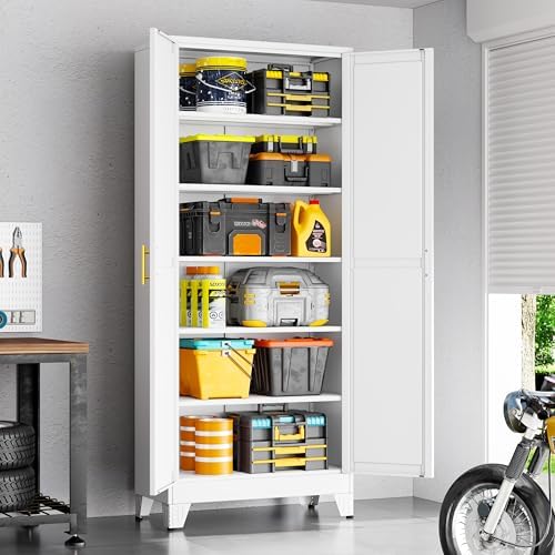 75" White Metal Storage Cabinet with 2 Doors and 5 Adjustable Shelves,Steel Garage Tool Cabinet, File Cabinet,Kitchen Pantry Cabinet for Home,Office,Garage,School,Warehouse - Image 2