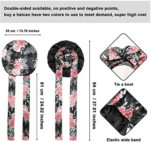 Satin Bonnet Silk Sleep Cap with Stretchy Tie Band for Curly Hair - Silk Hair Wrap (Black Pink Rose + Black) - Image 3