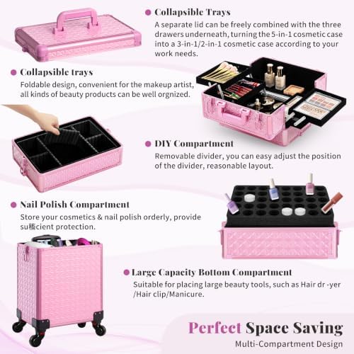 AROUS 5 in 1 Rolling Makeup Train Case with Lid Cosmetology Case on Wheels - Image 5