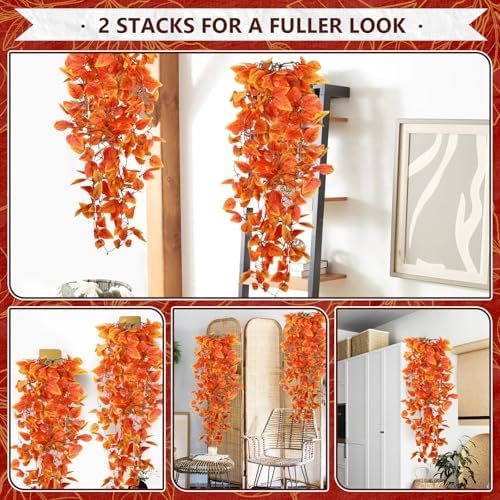 2-Pack Fake Hanging Plants, Faux Hanging Plant Artificial Greenery for Living Room Bedroom Boho Wall Shelf Indoor Outdoor Decor (Orange Pothos Ivy Vines) - Image 4