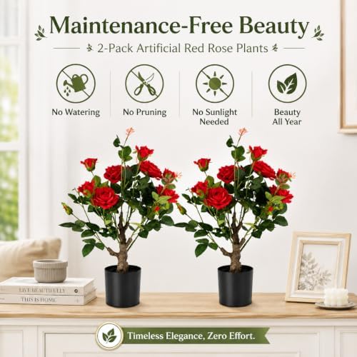 24’’ Artificial Rose Tree, 2 Pack Faux Rose Plants with Red Flowers and Green Leaves, 2FT Silk Potted Tree for Indoor Outdoor Home Office Porch Garden Decor, Red - Image 7