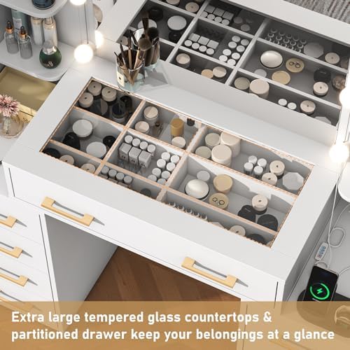 jiteentarou Vanity Desk with Mirror and Lights, 55" Extra Large Makeup Vanity with 9 Drawers, Makeup Table with Charging Station and Hairdryer Holder, Modern Dressing Table for Bedroom, White - Image 6