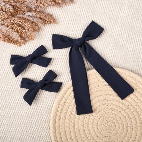 DEEKA Navy Cotton Linen Hair Bows 2 Sizes 5"&3.5" Soft Hair Bow set for Toddler Girls Long Ponytail Knot Bows Alligator Clip Hair Accessories for Little School Girls (Navy) - Image 5