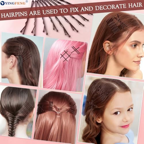 510PCS Brown Bobby Pins Hair Pins Kit with Hair Net, YINGFENG Includes 100 Bobby Pins for Women, 100 U-Shaped Buns Hair Clips, 300 Hair Bands and 10 Brown Hair Nets, Dance competition must haves - Image 2