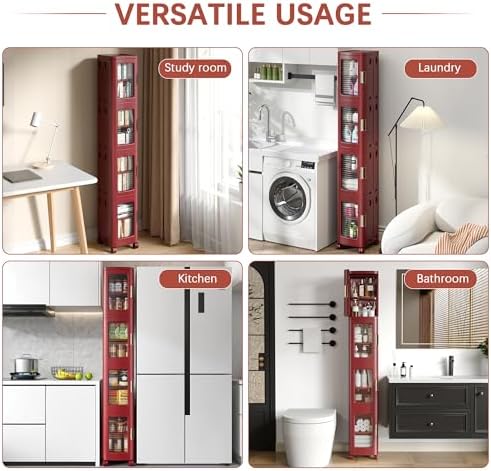 VECELO 4-Tier Narrow Storage Cabinet with Wheels, Red - Image 6