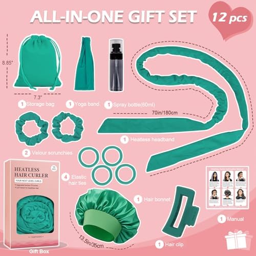Heatless Curls Overnight Headband, 70'' No Heat Hair Curlers with Hair Bonnet for Sleeping, Blue-Green - Image 6