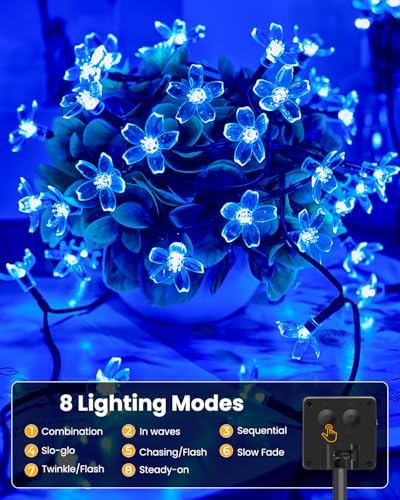 Brightown 2 Pack Total 52FT 120 LED Solar Flower String Lights for Outside Waterproof Fairy Lights for Garden Yard Fence Patio Christmas Tree Wedding Party Decor, Blue - Image 2