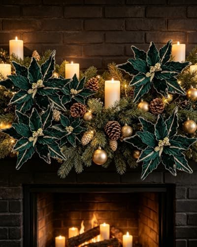 Kimura's Cabin 6Pcs 11Inch Artificial Poinsettia Christmas Flower Set,Green - Image 5