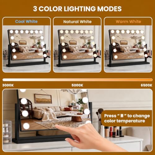 Vanity Mirror with Lights, 23"×19" Hollywood Makeup Mirror with 15 Dimmable Bulbs, 3-Color Lighting, Dimmable, 360° Rotation, 10x Magnification, Desk Mirror, Bedroom (Black) - Image 3