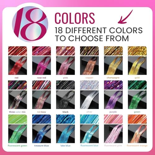 NIACONN Glitter Hair Tinsel Extensions Kit 18 Colors with Tools and Beads, 48 Inch Sparkly Fairy Colorful Tensile Strands Shiny Hair Accessories for Women Girls Kids - Image 3