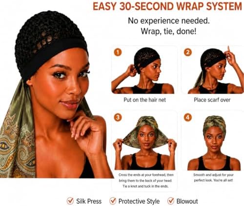 2 in 1 Wrap Cap Hair Net and Scarf for Silk Press, Satin Wrap Cap Bonnet for Women, Adjustable Stay-On Sleep Hair Net Scarf for All Hair Types (Green, One Size) - Image 6