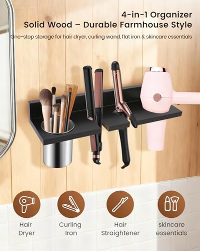 Hair Tool Organizer for Bathroom – Wall Mounted Hair Dryer Holder with Heat-Resistant Cups, Curling Iron & Straightener Rack, Blow Dryer Organizer for Vanity or Wall (Black) - Image 5