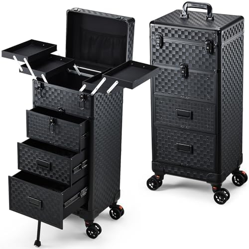 Stagiant Rolling Makeup Case with Drawers Cosmetology Case on Wheels 4 IN 1 Makeup Case 3 Drawers with Foot Stand Spring-release Mechanism Rolling Make Up Organizer for Artist Salon Nail Teach Trunk by Stagiant