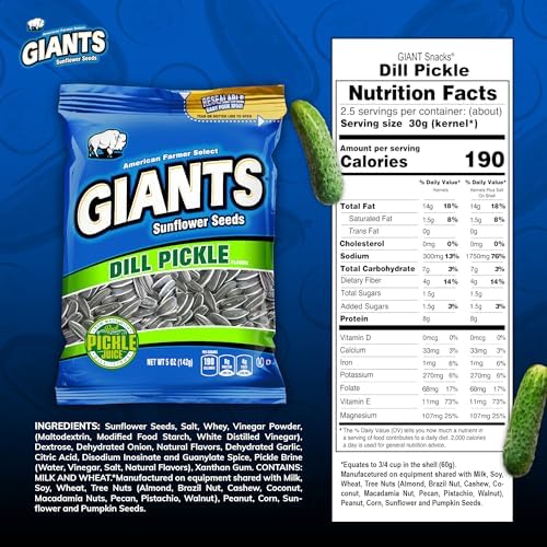 GIANTS Dill Pickle Sunflower Seeds - Sunflower Seeds Bulk, Big Sunflower Seeds to Eat, Roasted & Salted Sunflower Seeds for Eating, Pickle Flavor, 8g Protein Per Serving - 5 oz Bag (Pack of 3) - Image 2
