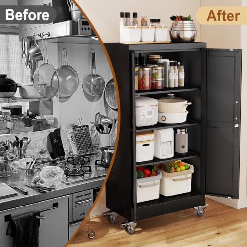 47" Metal Garage Storage Locker Cabinet with Wheels,Rolling Black Lockable Tool Cabinet with 2 Doors and 3 Adjustable Shelves, Steel File Cabinet for Home Office Warehouse Gym - Image 7