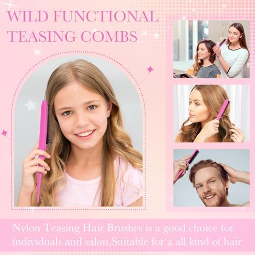Yaomiao 6 Pcs Teasing Brush Set, 3 Row Nylon Rat Tail Combs for Fine Hair, Back Combing, Root Lifting, Scalp Massage, Hair Brushes for Women Salon Home Use(Pink) - Image 5