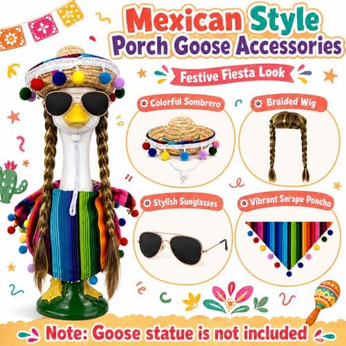 Mexican Fiesta Porch Goose Outfit with Brown Wig & Hat Decor, 4-Pcs - Image 3