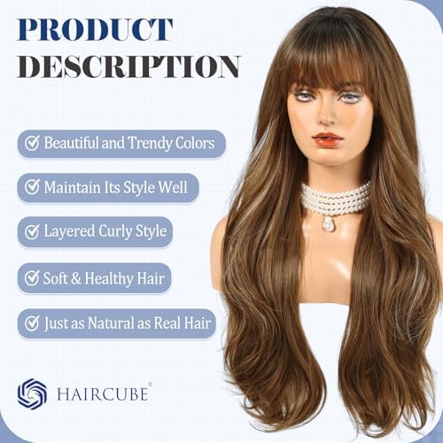 HAIRCUBE Long Ombre Brown with Highlight Wig with Bangs Layered Curly Wigs for Women Natural Synthetic Wigs for Daily Use (pelucas de cabello natural) - Image 3