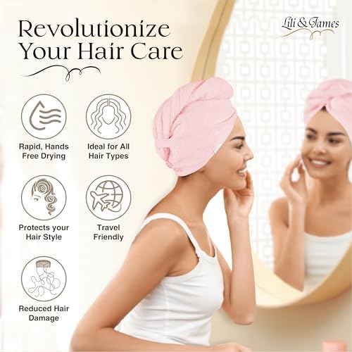 Lili&James 100% Cotton Hair Towel Wrap for Women/Kids | Quick Dry, Soft & Absorbent 420-GSM Hair Wrap Towels with Double Button | Anti Frizz, Non Microfiber Hair Turbans for Curly, Long Hair (Pink) - Image 6