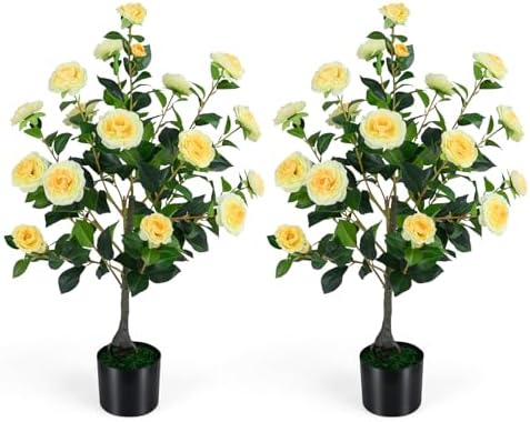 Goplus 35.5’’ Artificial Camellia Tree, Flower Plants Artificial Tree by Goplus