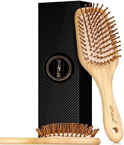 Bamboo Hair Brush with Paddle, Rounded Wood Bristles for Detangling and Gently Massaging Scalp by BFWood, Reduces Frizz and Static by BFWood