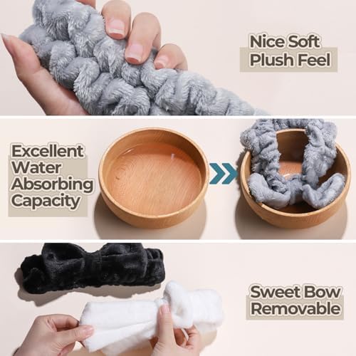 LEOBRO Spa Headband, 6pcs Makeup Headbands and Hair Scrunchies, Bow Skin Care Headband for Washing Face for Teen Girls Women, Easter Basket Valentines Christmas Gift for Girls, Black & White & Gray - Image 5