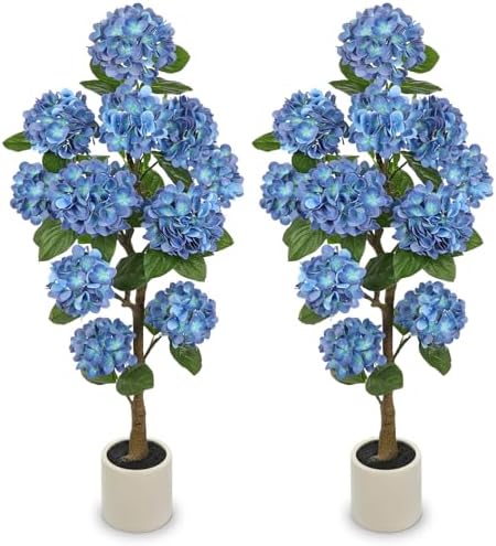 4FT Blue Hydrangea Artificial Flowers Tree Large Real Touch Faux Silk Hydrangea Plants Potted Fake Flower in White Pot for Home Indoor Outdoor Front Porch Garden Entrance Living Room Decor, 2 Pack by Hollyone