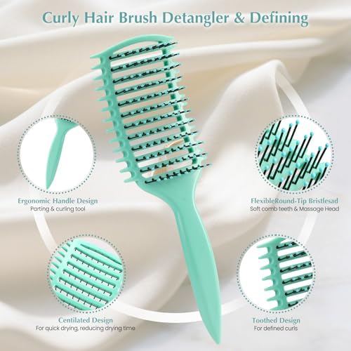 Curl Defining Brush, Detangler Brush for Curly Hair, Vented Curly Hair Brush Products, Detangling Shaping and Defining Women's Curls on Wet or Dry Hair Types, Reduces Frizz (Green) - Image 2