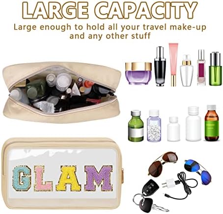 Iqimott Clear Patch Makeup Bag Monogram Pouch, Preppy Personalized Chenille Letter Cosmetic Pouch for Travel, Nylon Waterproof Organizer Travel Essentials Zipper Toiletry Bags for Women Girls(Beige) - Image 4