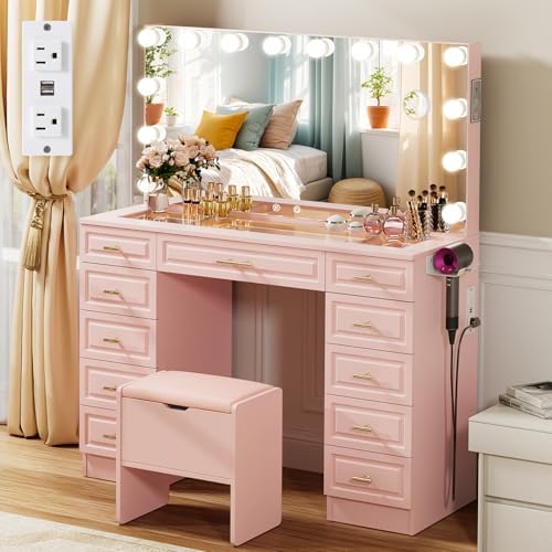 VOWNER Vanity with Lighted Mirror, Makeup Vanity Desk w/Bluetooth Speaker by VOWNER