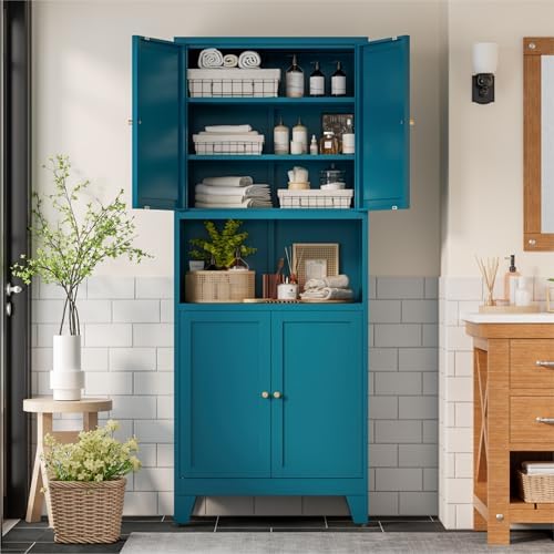 Bevivog Tall Pantry Cabinet with Microwave Shelf, 69" Metal Storage Cabinet with 4 Doors and Adjustable Shelves,Freestanding Metal Kitchen Hutch Cabinet, Blue Pantry Closet Storage Shelves with Doors - Image 6