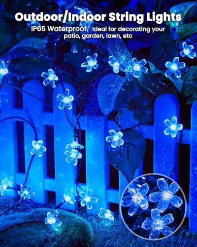 Brightown 2 Pack Total 52FT 120 LED Solar Flower String Lights for Outside Waterproof Fairy Lights for Garden Yard Fence Patio Christmas Tree Wedding Party Decor, Blue - Image 4