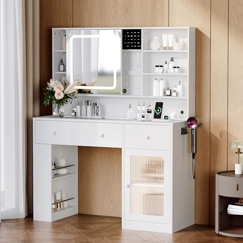 VINGLI Vanity Desk with Sliding Mirror and Lights, Glass Top Makeup Vanity Table w/Glass Cabinets w/Hidden Jewelry Storage & Power Outlets & Hairdryer Holder, 43in White Dressing Table Gifts Girls - Image 7