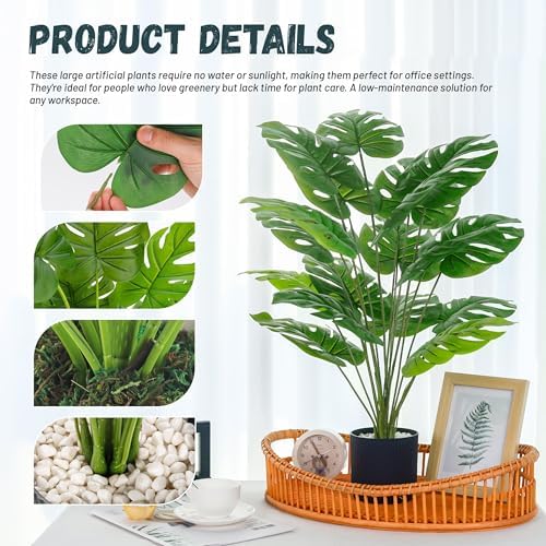 Der Rose 28" Fake Plants, Monstera Floor Plant, Black Pot for Office Decor - Image 4