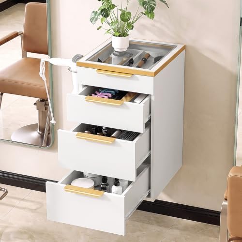 OmySalon Salon Station, Wall Mount Salon Stations for Hair Stylist, Barber Cabinet with Glass Top, Drawers & Dryer Holder, Storage Furniture for Barbershop, Beauty SPA, White by OmySalon