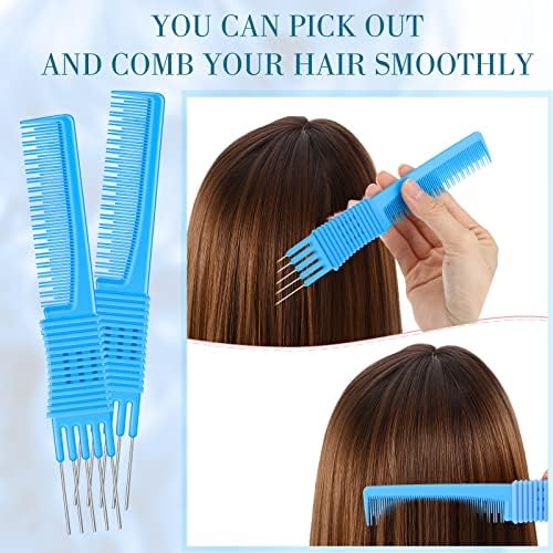 Leinuosen 3 Pack Teasing Combs with Metal Pick, Blue - Image 4